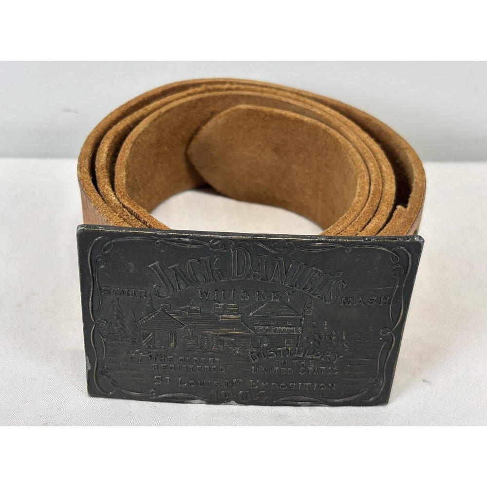 Vtg Jack Daniel's Belt Buckle And Brown Leather Belt Sz 35-40" Men's